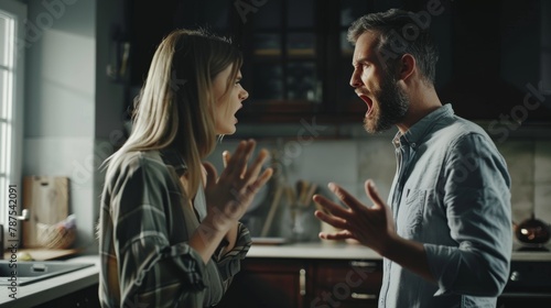 A man and a woman are arguing in a kitchen photo