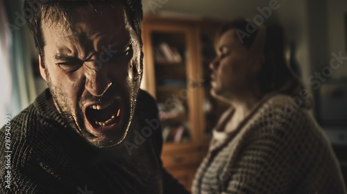 A man is yelling at a woman in a living room