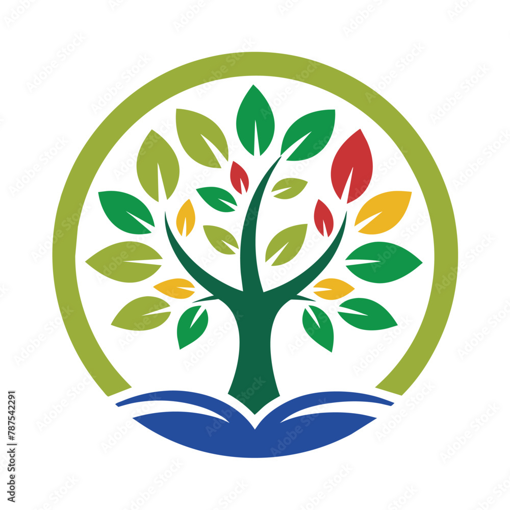 A tree with green leaves growing around a book nestled within its branches, Create a clean and understated logo featuring a timeless font A tree with green leaves growing around a book nestled within its branches, Create a clean and understated logo featuring a timeless font
