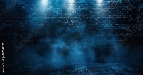 Dark background, brick wall with spotlight and fog, dark blue tones, mysterious atmosphere, empty stage for product presentation or concert poster Generative AI