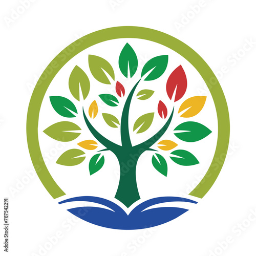 A tree with green leaves growing around a book nestled within its branches, Create a clean and understated logo featuring a timeless font