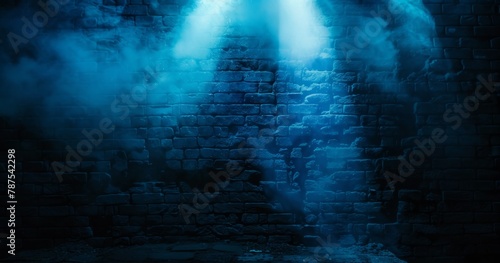 Dark background, brick wall with a spotlight in the center of the frame, foggy atmosphere, dark blue tones, mysterious and dramatic mood Generative AI