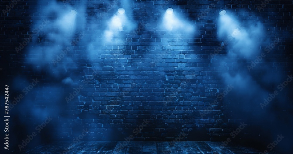 Dark background, brick wall with spotlight and fog, dark blue tones, mysterious atmosphere, empty stage for product presentation or concert poster Generative AI