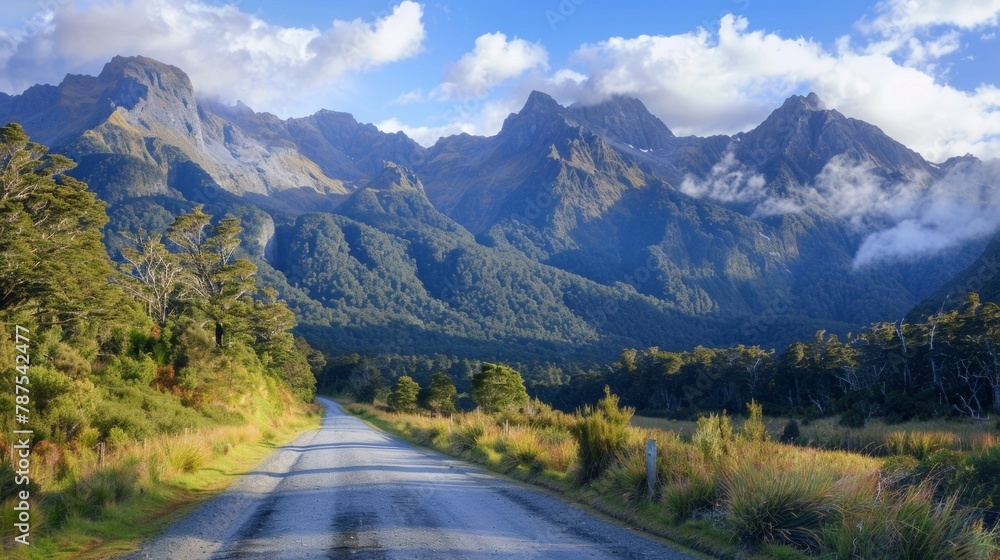 A secluded country road surrounded by towering majestic mountains the warm sun highlighting their rugged peaks and lush green valleys . AI generation. A secluded country road surrounded by towering majestic mountains the warm sun highlighting their rugged peaks and lush green valleys . AI generation.