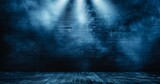Dark background, brick wall with a spotlight in the center of the frame Spotlights shining on it in a foggy atmosphere with dark blue tones and empty space for text Generative AI