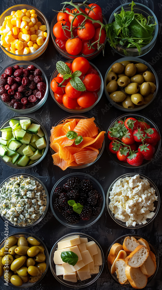 table full of different types of food, top down view. snacks in round bowls on a black table, top view. horizontal image.