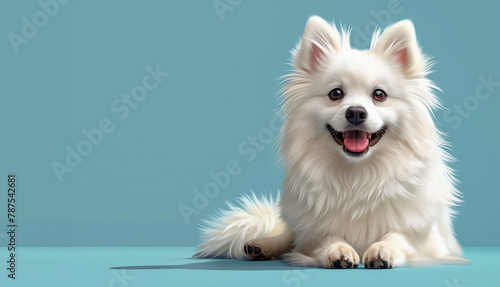 A noble stance, the spitz's fur ruffles in the gentle embrace of a blue world, copy space photo