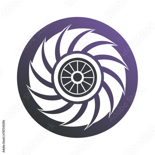Turbine engine minimalist design in purple and white with a black and white pattern, Clean lines showcasing a turbine engine, minimalist simple modern vector logo design