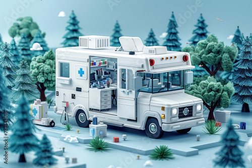 3d illustration of a detailed emergency ambulance in a serene winter landscape surrounded by trees photo