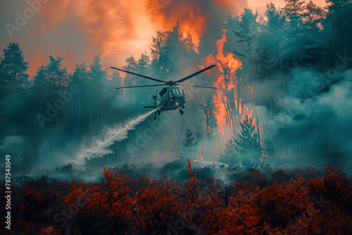 Extinguishing a forest fire with the help of aviation, a helicopter drops water on the flames on the trees. Actions in the event of a disaster