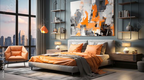 Modern bedroom interior in gray and orange colors
