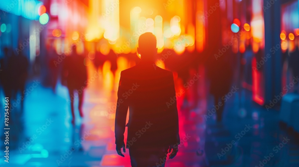 A person walking down a city street at night with colorful lights, AI A person walking down a city street at night with colorful lights, AI