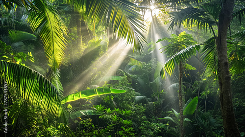 A lush, tropical jungle with a bright sun shining through the trees