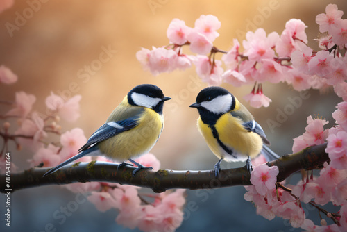 pair tits, spring birds, Little birds sitting, cherry tree, Spring time photo