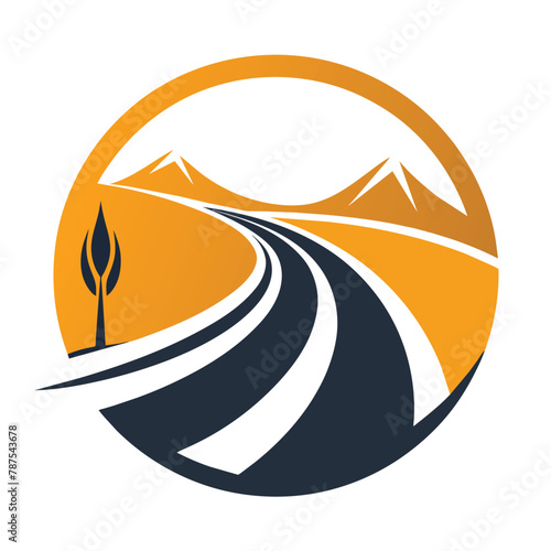 A tree growing in the center of a road, surrounded by asphalt and dividing the path for vehicles, Craft a simple and elegant logo that captures the essence of the open road