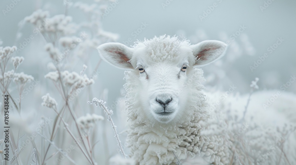 Obraz premium A close up of a sheep in the snow with some grass, AI