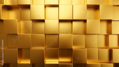 Fototapeta Naklejka Na Ścianę i Meble -  Luxurious golden background. Gold random mosaic decoration. Cubic backdrop. Glossy square shapes. Architectural abstraction. Interior concept.
