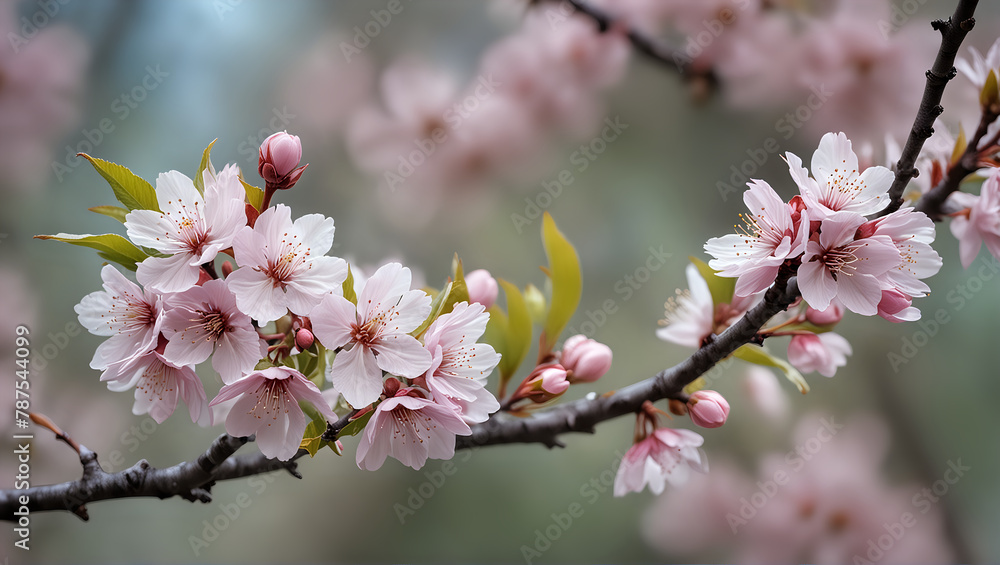 Soft pink cherry blossoms bloom on a branch, signaling the delicate beauty of spring against a gentle blurred background Soft pink cherry blossoms bloom on a branch, signaling the delicate beauty of spring against a gentle blurred background