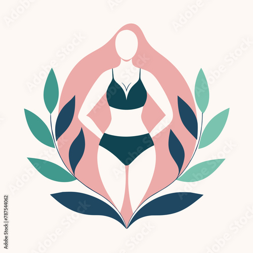 A woman wearing a bikini is standing in front of a circle, Create a logo for a minimalist swimwear brand that celebrates body positivity