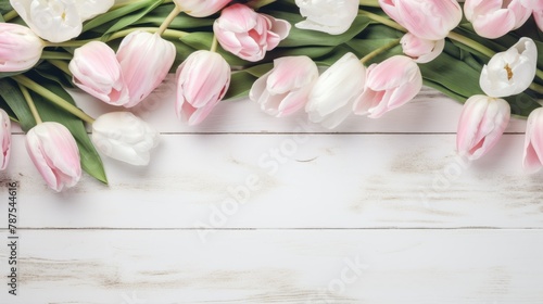 Pink tulips on white wooden background. Blooming flowes spring background banner - Peach fuzz pink tulips, on white shabby wooden table, top view