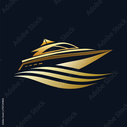 A luxurious gold boat sailing elegantly on a stark black background, Create a minimalist logo for a sleek and upscale tech store