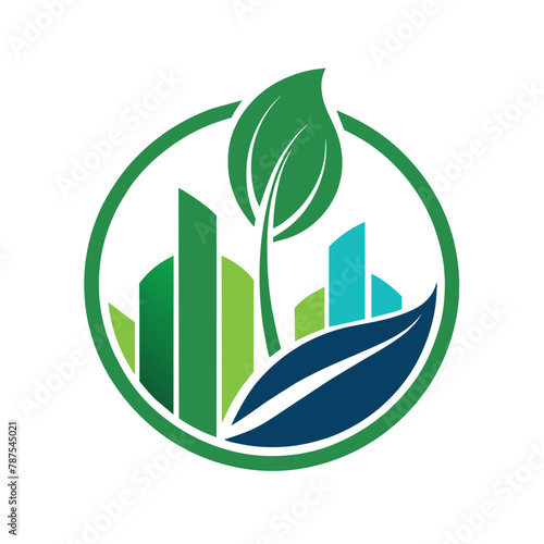 A cityscape covered in green vegetation, featuring a single leaf on top, Create a sleek, minimalist logo for a consulting firm focused on sustainability