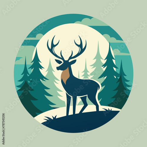 A deer stands in the middle of a forest, surrounded by trees and foliage, Deer in a serene forest setting, minimalist simple modern vector logo design