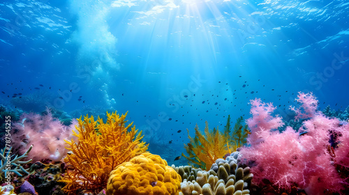 Vibrant coral reef under crystal clear water, shot with an underwater camera and natural light to show the vivid colors and aquatic life