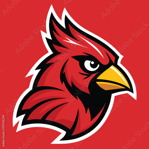 A red bird with a yellow beak standing on a solid red background, Design a Cardinal Bird Sport Mascot Logo and Red Bird Animals Logo