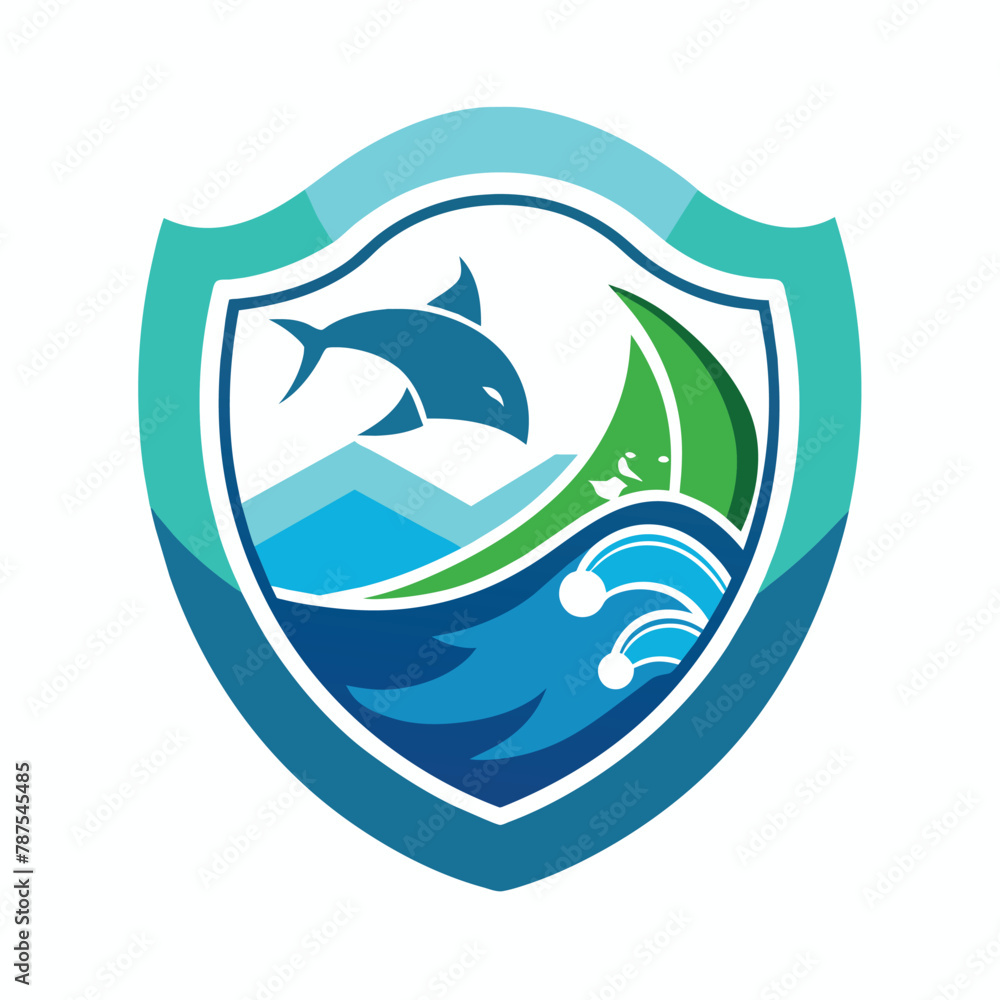 A dolphin leaps out of the water within a shield design, Design a logo that conveys the importance of protecting our oceans in a minimalist aesthetic A dolphin leaps out of the water within a shield design, Design a logo that conveys the importance of protecting our oceans in a minimalist aesthetic