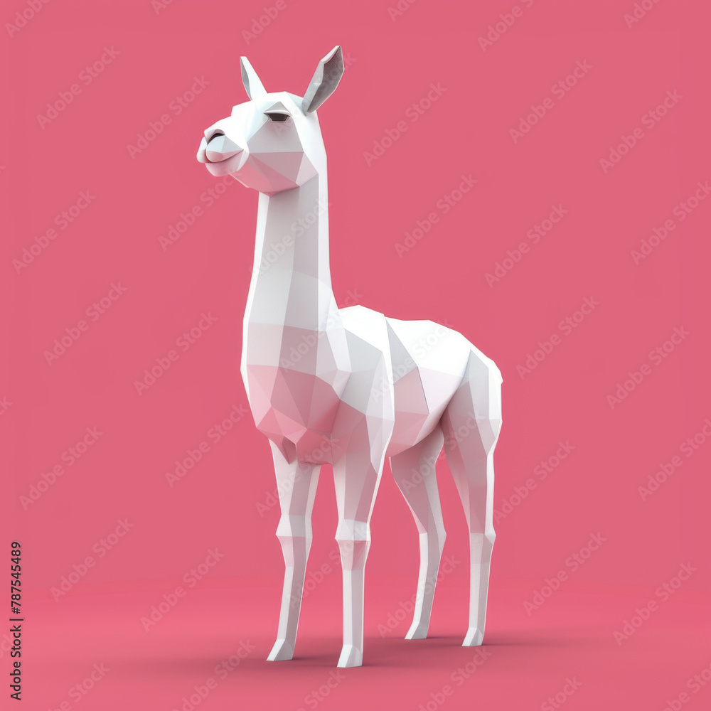 Fototapeta premium Modern geometric low poly design of a llama on a vivid pink background, showcasing a trendy polygonal art style.