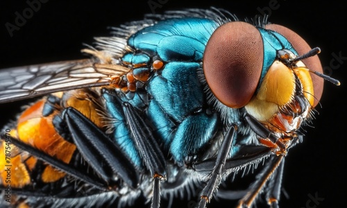 Closeup of an electric blue and orange arthropod on a black background © Andrey