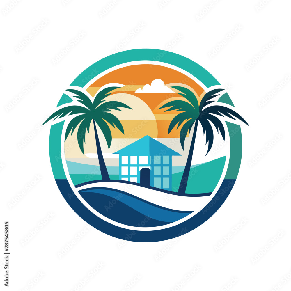 A house surrounded by palm trees with a vibrant sunset in the background, Design a sleek, minimalist logo for a pharmaceutical brand