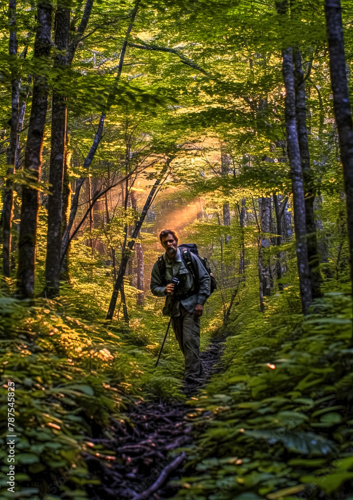 A person is walking through a forest