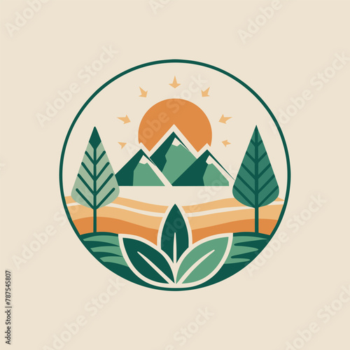 A minimalist logo featuring green and orange colors with trees and mountains in the background, Design a minimalist logo for a wellness retreat with a focus on nature