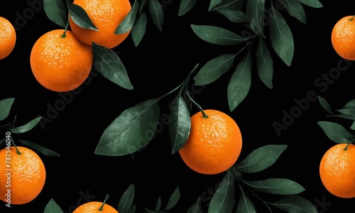 Valencia orange with green leaves, a vibrant contrast on a black background