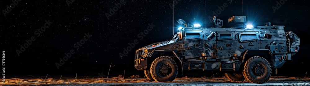 Armored Military Vehicle Illuminated Under the Night Sky, with Left-Side Copy Space for Text - This composition showcases the formidable presence of an armored military vehicle, its advanced lighting Armored Military Vehicle Illuminated Under the Night Sky, with Left-Side Copy Space for Text - This composition showcases the formidable presence of an armored military vehicle, its advanced lighting