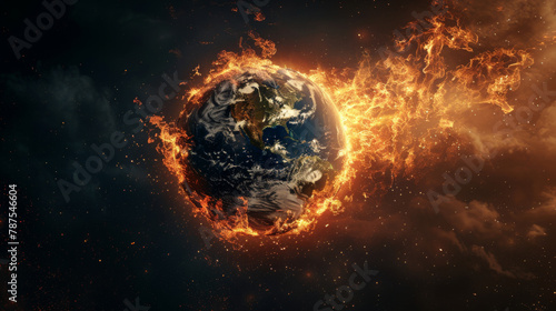 Apocalyptic concept art depicting Earth on fire, symbolizing global disaster and urgency.