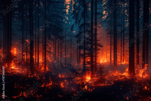 Fire in the forest, silhouettes of trees in flames and smoke, background with copy space