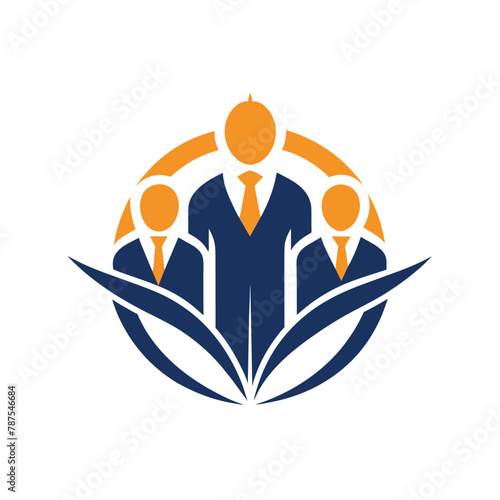 People gathered in front of a blue and orange logo, Develop a clean, elegant logo for a conference management firm