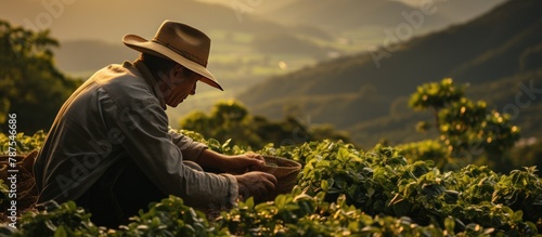 back view Farmer working on coffee field at sunset outdoor.