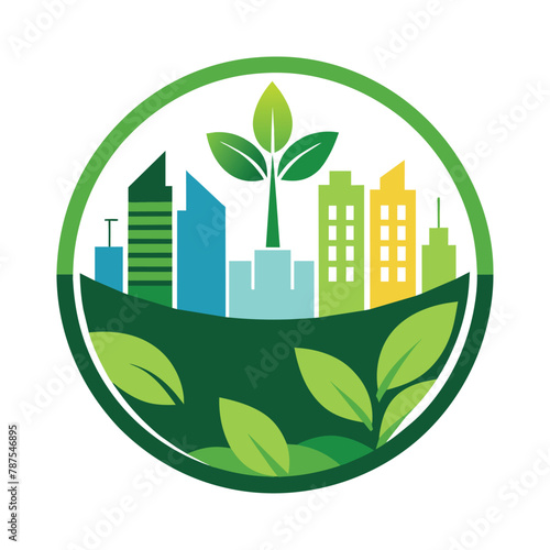 A cityscape filled with greenery, featuring a prominent leaf in the center, Develop a minimalist icon that symbolizes sustainable urban development and green spaces