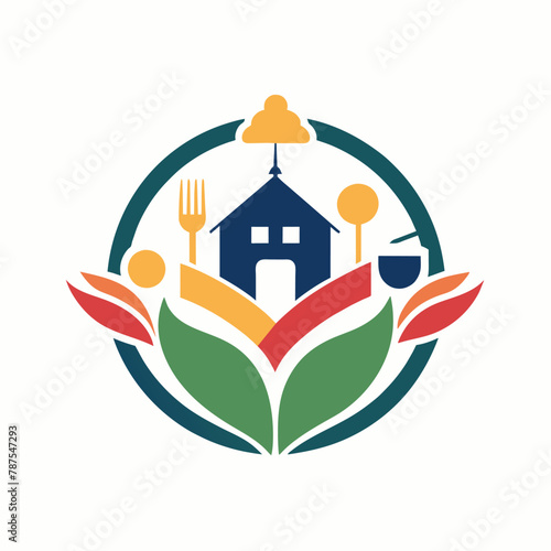 Logo design featuring a house surrounded by colorful flowers, symbolizing warmth and hospitality, Develop a modern icon evoking a sense of hospitality and inclusivity