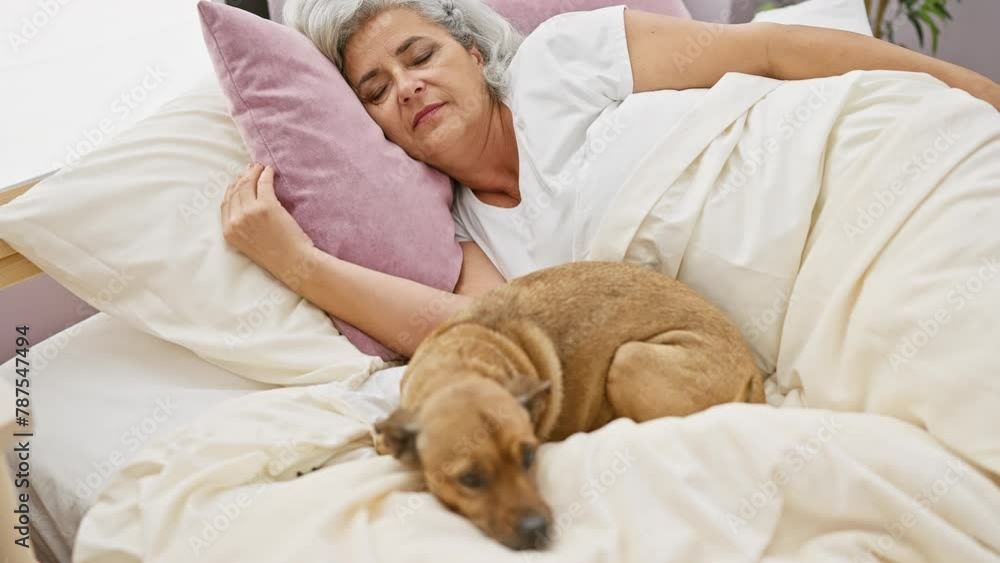 A mature woman with grey hair is peacefully sleeping in a bed with her brown dog beside her in a cozy bedroom. A mature woman with grey hair is peacefully sleeping in a bed with her brown dog beside her in a cozy bedroom.