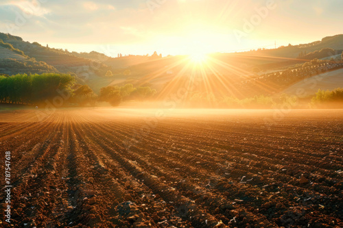 Rows of dug up soil in an agricultural field in the sunset light. Agricultural landscape, agro background