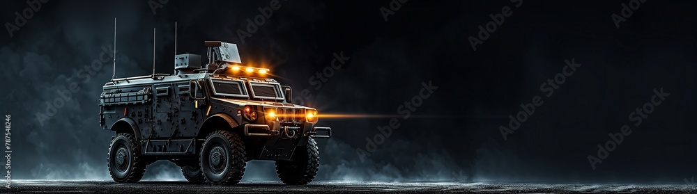 Military Reconnaissance Vehicle with Active Lighting on a Black Background, with Space for Text on the Left - Highlighting the critical role of reconnaissance in modern warfare, this image presents 