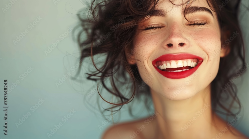 Joyful young woman with windblown hair smiling brightly Joyful young woman with windblown hair smiling brightly