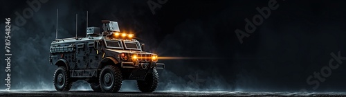 Military Reconnaissance Vehicle with Active Lighting on a Black Background, with Space for Text on the Left - Highlighting the critical role of reconnaissance in modern warfare, this image presents  photo