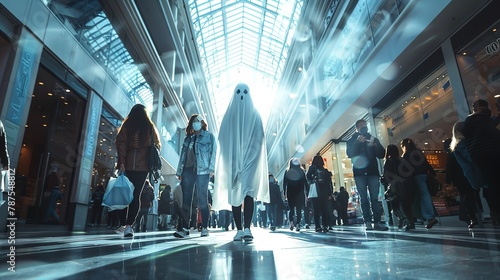 Woman in broad daylight seeing a cloaked white hooded floating demon in a shopping mall photo
