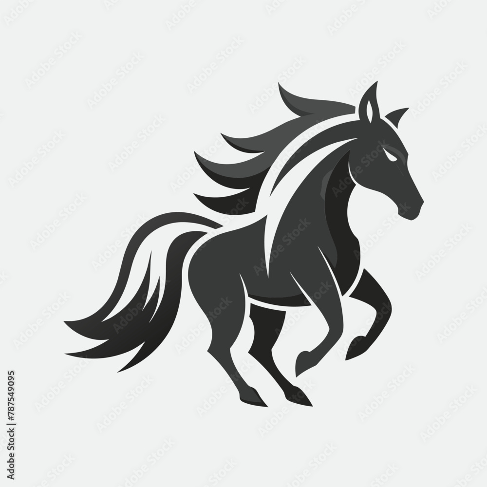 A sleek black and white horse is running energetically on a white background, Graceful equine form in grayscale, minimalist simple modern vector logo design A sleek black and white horse is running energetically on a white background, Graceful equine form in grayscale, minimalist simple modern vector logo design